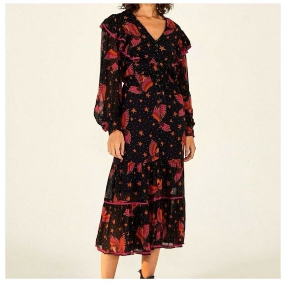 Farm Rio Women’s Black Pink Macaw Bird Orange Stars 3D Star Buttons Midi Dress - Picture 12 of 13